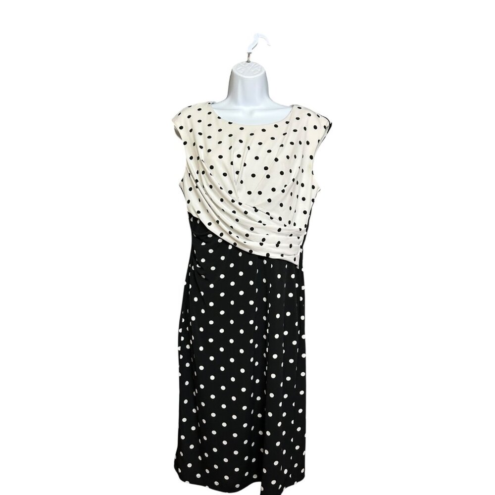 Cleo Black White Polka Dot Ruched Waist Lined Stretchy Career Dress Size M